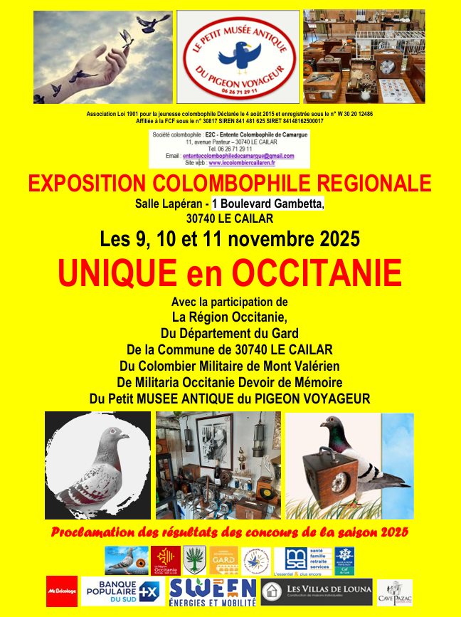 Exposition Colombophile Le Cailar du 09 au 11 novembre 2025