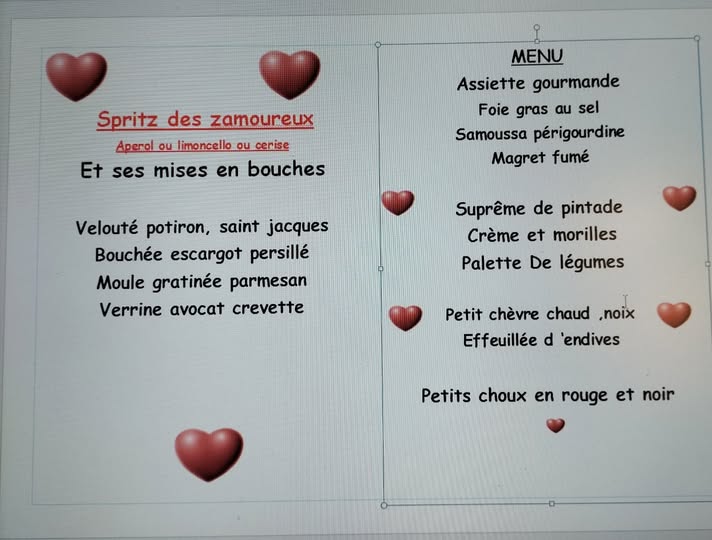 Menu St Valentin Les Aubades Beauvoisin